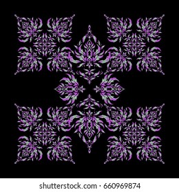 Motley grid on a black background. Vector seamless pattern with violet elements.
