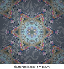 Motley grid. Vector seamless pattern with blue and gray elements.