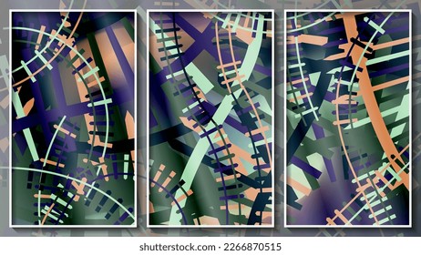 Motley grunge triptych. Randomly overlapping smooth stripes of different sizes. Three images in white thin frames. Template for your projects. Vector.