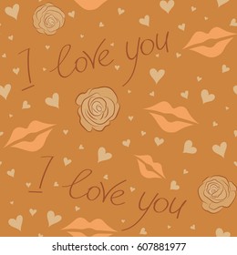 Motley hand painted elements of love text, rose flower, hearts and letter. Vector illustration. Vector vintage watercolor love hearts seamless background in yellow, orange and brown colors.