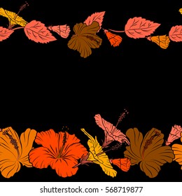 Motley horizontal seamless pattern. Vector hibiscus flower background. Pretty orange, yellow and brown floral print with copy space (place for your text).