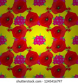 Motley illustration. Yellow, magenta and red poppies isolated. Vector floral seamless pattern.