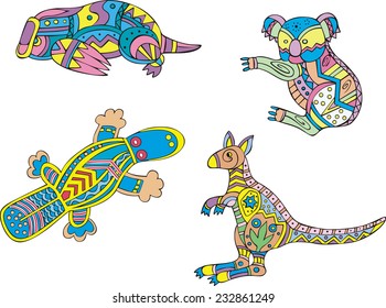 Motley koala, platypus and kangaroo. Set of ethnic vector designs.