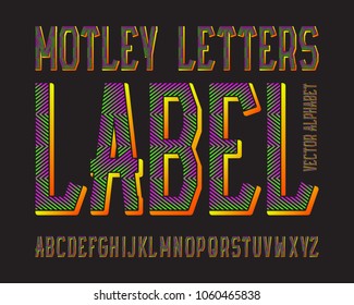 Motley Letters Label typeface. Colorful luminescent font. Isolated english alphabet.