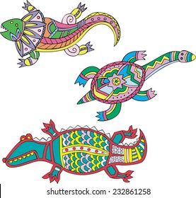 Motley lizard, turtle and crocodile. Set of ethnic vector designs.