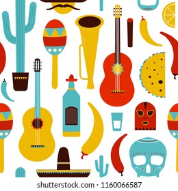 Motley Mexico seamless pattern with traditional Mexican items on white background - tequila, Lucha libre mask, chili pepper, sombrero, cactus, cigar, maracas, sugar skull. Flat vector illustration.