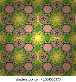 Motley ornament seamless pattern in beige, green and yellow colors. Vector print for design invitation, printing, card, wallpaper, textile or fabric.