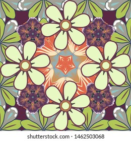 Motley ornament seamless pattern in beige, gray and brown colors. Vector print for design invitation, printing, card, wallpaper, textile or fabric.
