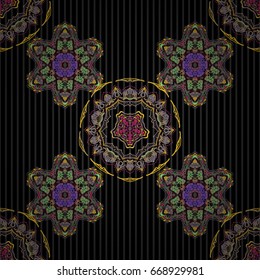 Motley ornament seamless pattern. Green and yellow vector print on black background for design invitation, card, wallpaper, textile or fabric.