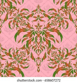 Motley ornament seamless pattern in orange and green colors. Vector print for design invitation, printing, card, wallpaper, textile or fabric.