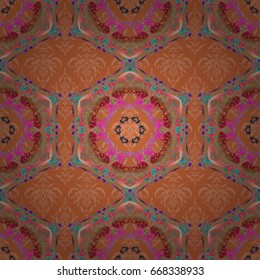 Motley ornament seamless pattern in violet and pink colors. Vector print for design invitation, printing, card, wallpaper, textile or fabric.