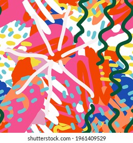Motley Patchwork Trendy Vector Seamless Pattern. Botanical Drawing Design. Orange and Blue Contemporary Collage. Artist Doodle Print.