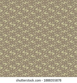 Motley pattern composed of small fragments and abstract signs. Wallpaper texture in brown and green gray.