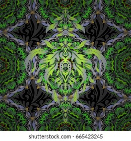 Motley pattern illustration. Abstract vector texture. Green and gray vintage seamless pattern on a black background.