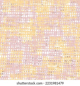 Motley pattern with patches and stitches in shades of pink and yellow. Rough cloth texture. Vector illustration.Abstract indigo dyed irregular grid check. Seamless pattern.