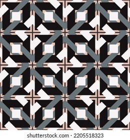 Motley polygonal seamless pattern. Overlapping art forms, stripes, polygons, segments are grouped and arranged in a certain order. Vector. 
