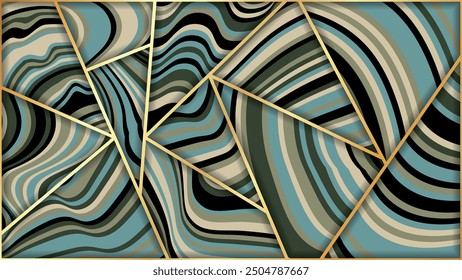 Motley polygonal striped panel. Striped polygons in an ornate gold frame. For interior decoration, blog design, social media accounts, corporate design and your other projects. Vector.