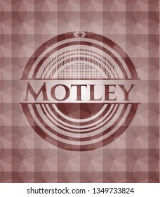 Motley red badge with geometric pattern background. Seamless.