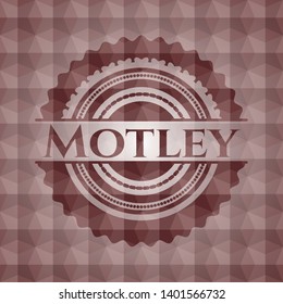 Motley red badge with geometric pattern background. Seamless.