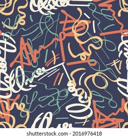 motley ribbon abstract seamless pattern. overlapping multicolored flowing, swirling and curved thin ribbons are randomly arranged on a dark background. vector