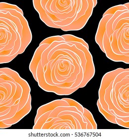 Motley roses on a black background with a band of flowers. Watercolor painting seamless pattern. Seamless floral pattern in orange colors.