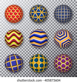 Motley rotating balls on a transparent background. Set of balls with visual motion illusion. Nine isolated balls for illusions creating.