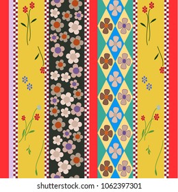 Motley seamless colorful flowers and stripes pattern. Vector pattern