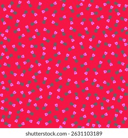 Motley padrão ditzy floral sem emenda com botões cor-de-rosa em forma de coração em um fundo vermelho brilhante. Impressão de tecido de estilo popular.