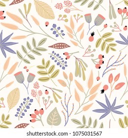 Motley seamless pattern with berries, leaves and inflorescences on white background. Decorative botanical backdrop. Beautiful vector illustration for textile print, wrapping paper, wallpaper