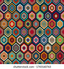 Motley seamless pattern for carpet. Bohemian background in embroidered style. Ethnic and tribal motifs. Vector illustration.