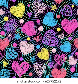 Motley seamless pattern with colorful hearts and lines.Vector illustration.