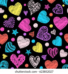 Motley seamless pattern with colorful hearts.Vector illustration.