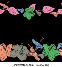 Motley seamless pattern. Horizontal vector cute pattern in pink and orange hibiscus flowers. Small colorful flowers with copy space. Spring floral background. The elegant template for fashion prints.