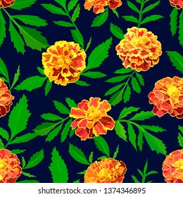 motley seamless pattern of large flowers bright orange marigolds on dark blue background
