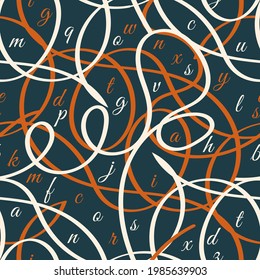 motley seamless pattern with letters and ribbons. beige and orange uppercase Latin letters and swirling thin ribbons are randomly arranged against a dark azure background. vector