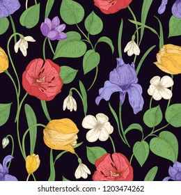 Motley seamless pattern with romantic blooming flowers on black background - iris, snowdrop, tulip, crocus. Hand drawn botanical vector illustration in antique style for textile print, wrapping paper.