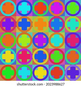 a motley seamless pattern of squares and circles in bright colors for prints on fabric, packaging and also for decorating the backgrounds of cards, frames, covers, interiors in a festive style