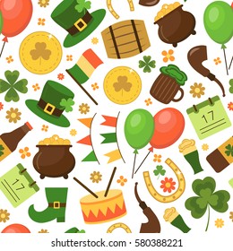 Motley seamless pattern St. Patrick's Day. Flat style. Vector illustration.