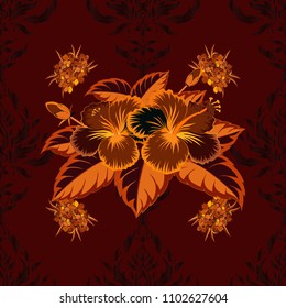 Motley seamless pattern. Vector hibiscus flower background. Pretty orange, black and brown floral print.
