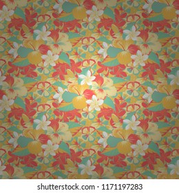 Motley seamless pattern. Vector hibiscus flower background. Pretty yellow, pink and beige floral print.