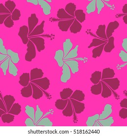 Motley seamless pattern. Vector hibiscus flower background. Pretty neutral, magenta and purple floral print.