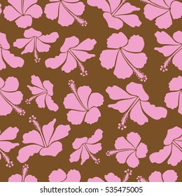 Motley seamless pattern. Vector hibiscus flower background. Pretty pink and brown floral print.
