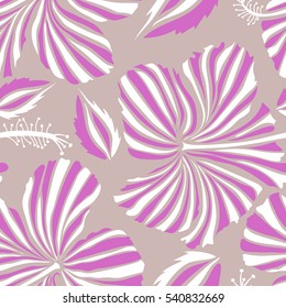 Motley seamless pattern. Vector hibiscus flower background. Pretty white and pink floral print.