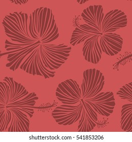 Motley seamless pattern. Vector hibiscus flower background. Pretty pink and red floral print.