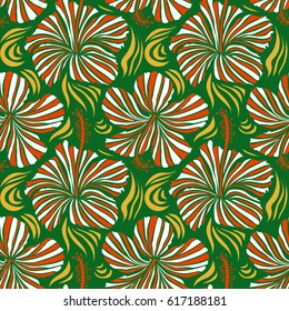 Motley seamless pattern. Vector hibiscus flower background. Pretty orange and yellow floral print.
