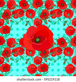 Motley seamless pattern with vector poppy flowers on a blue background.