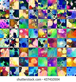 Motley seamless vector background divided in cells. The color and tonal inversion. Abstract template for printing, textiles, book covers. Colorful plaid texture. Tile pattern. Watercolor effect.