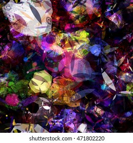 Motley seamless vector background with spots, stylized leaves and floral elements. Randomly mixed. Transparency, overlap, overlay. For fabric, Boho design, packaging paper. Dark pattern.