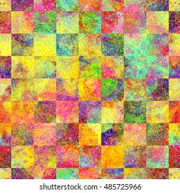 Motley seamless vector background, triangles.  Abstract checkerboard template. Colorful plaid texture. Artistic tile pattern. Watercolor effect. Dark and light spots