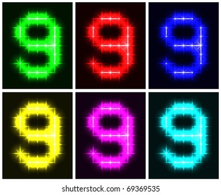 Motley set a glowing symbol of the number 9 on black background for your design. Vector illustration. EPS-10.